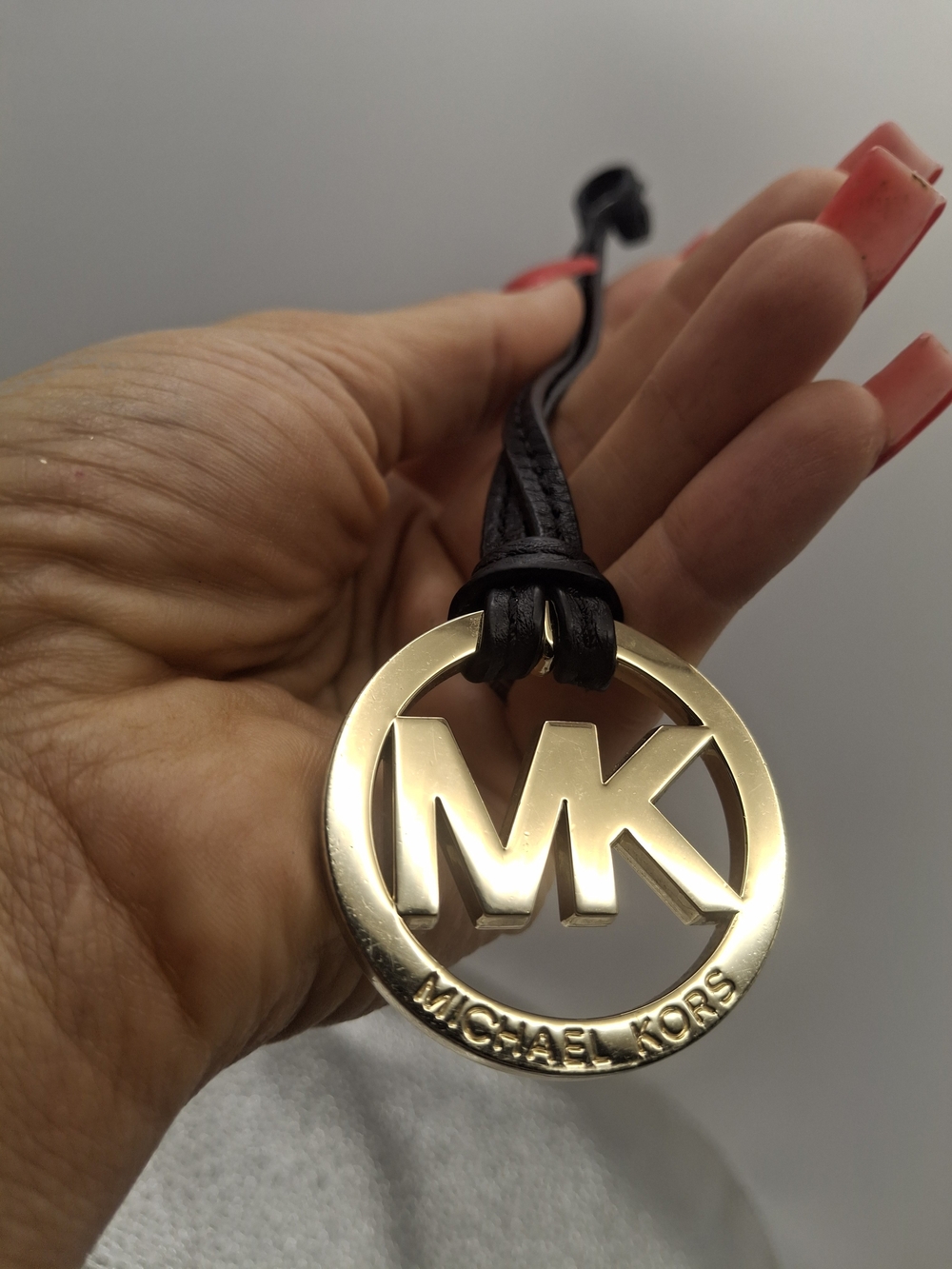 Michael Kors Gold MK Logo Purse Charm with Black Leather Strap